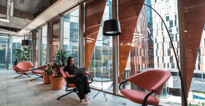 Open casual workspaces and collaborative areas at Melbourne Connect Co-working.